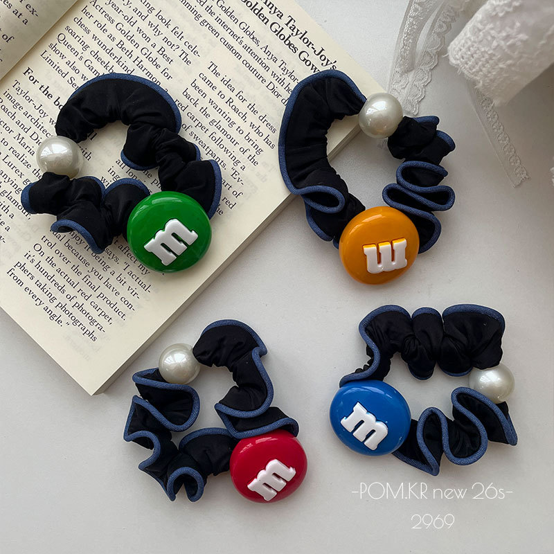 New Korean m Bean fabric elastic small intestine hair band, children's and babies' hair accessory, ponytail bun hair band, women's hair accessory details Picture