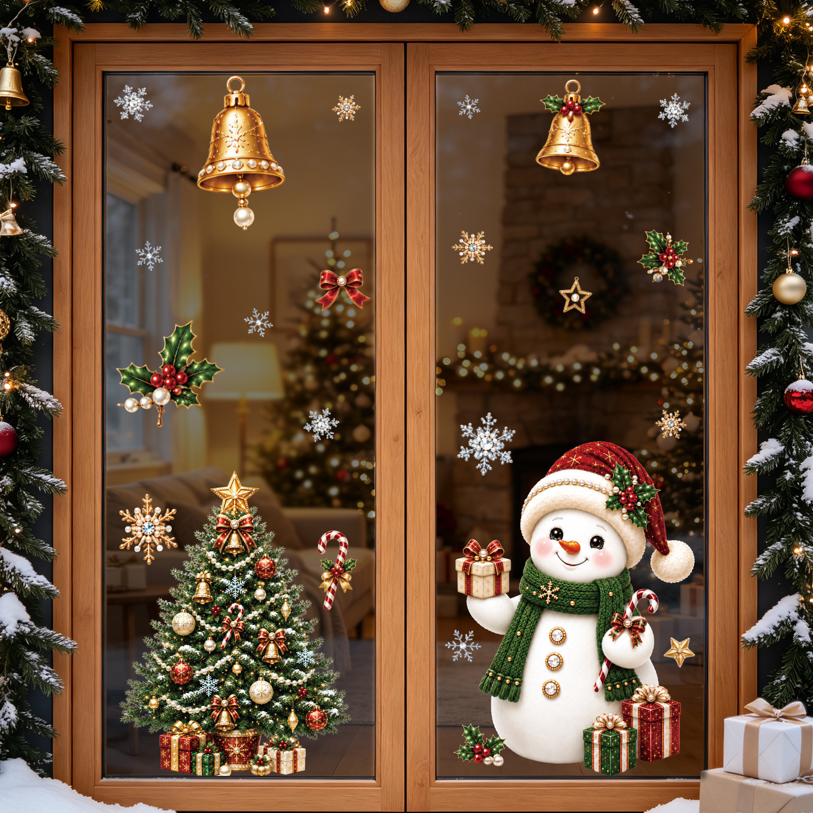 Christmas decorations: bells, reindeer, static stickers, shop Windows, Christmas scene arrangements, snowflakes, Santa Claus, glass stickers