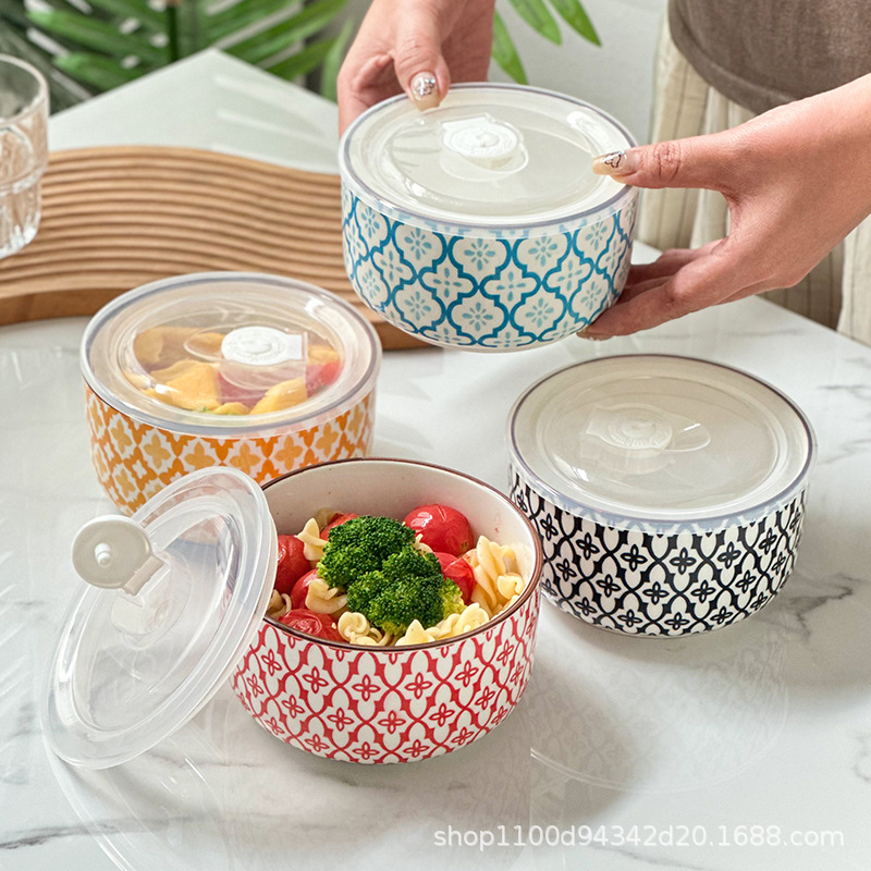 Ceramic lunch box, fresh-keeping box, round bento box with covered bowl, office worker lunch box, microwave oven heating, student instant noodle bowl