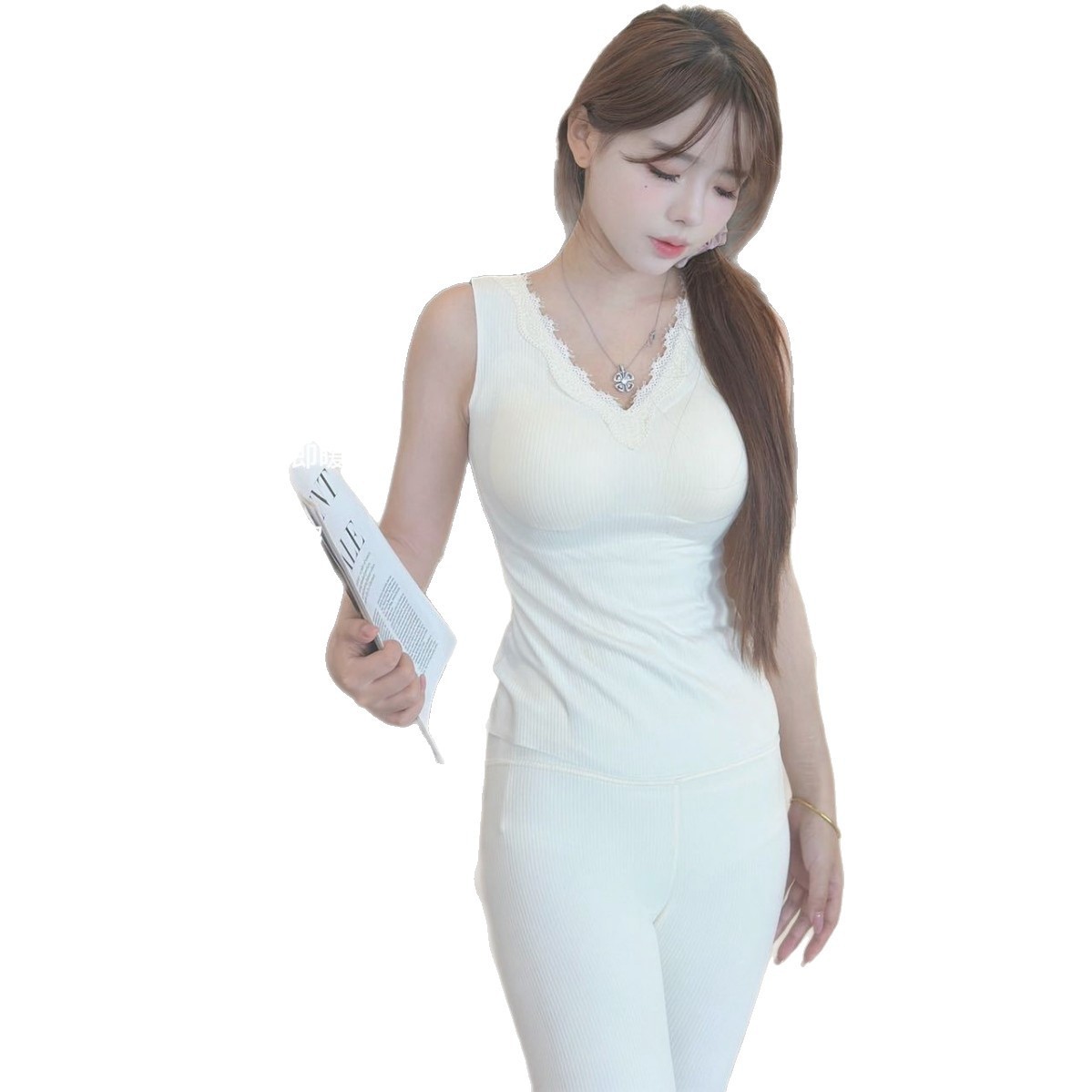 羊绒蚕丝保暖背心内衣女加厚加绒秋衣秋裤百搭打底保暖内衣套装女白底实物图