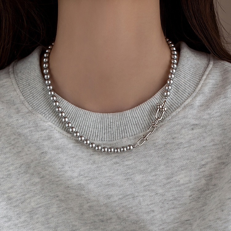 Shi Jia Zhen Duo Duo Mottled grey pearl neck chain horseshoe buckle Women's 2024 new bestseller sweater chain collarbone chain Light luxury Specification image