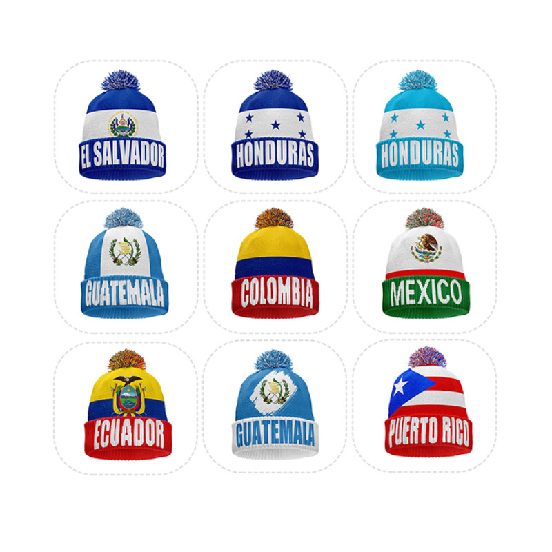美加墨世界杯国旗亚克力帽子球迷用品冬季腈纶针织提花保暖毛球帽