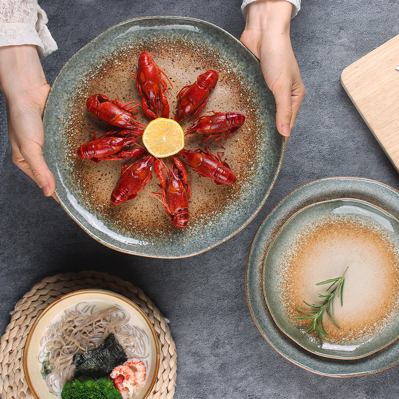 Retro ceramic plates, high appearance level hotel tableware set, Japanese-style Western dining plates, microwave-safe round salad bowls and plates