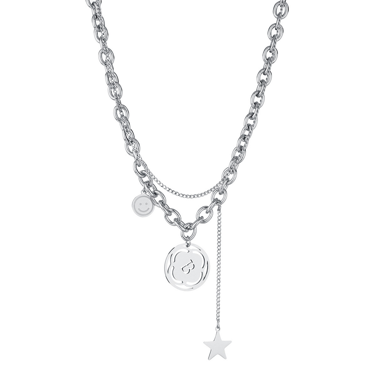 Cross-border supply titanium steel B-shaped double-layer necklace, couple necklace, NK chain punk hiphop stainless steel necklace Item Picture