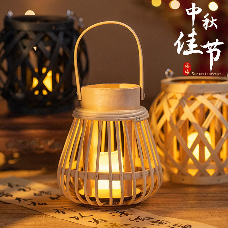 Mid-Autumn Festival lanterns, hand-held rattan and bamboo woven finished flower lanterns, ancient-style luminous palace lanterns, Hanfu, photography and photo props details Picture