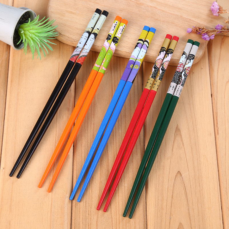日式卡通创意日韩仕女印花筷创意图案家用一人一筷竹制美女图筷子