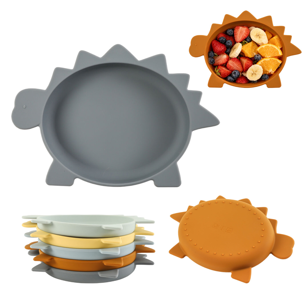 创意硅胶剑龙宝宝辅食餐盘新国标食品级儿童喂养训练碗防摔餐盘详情图1