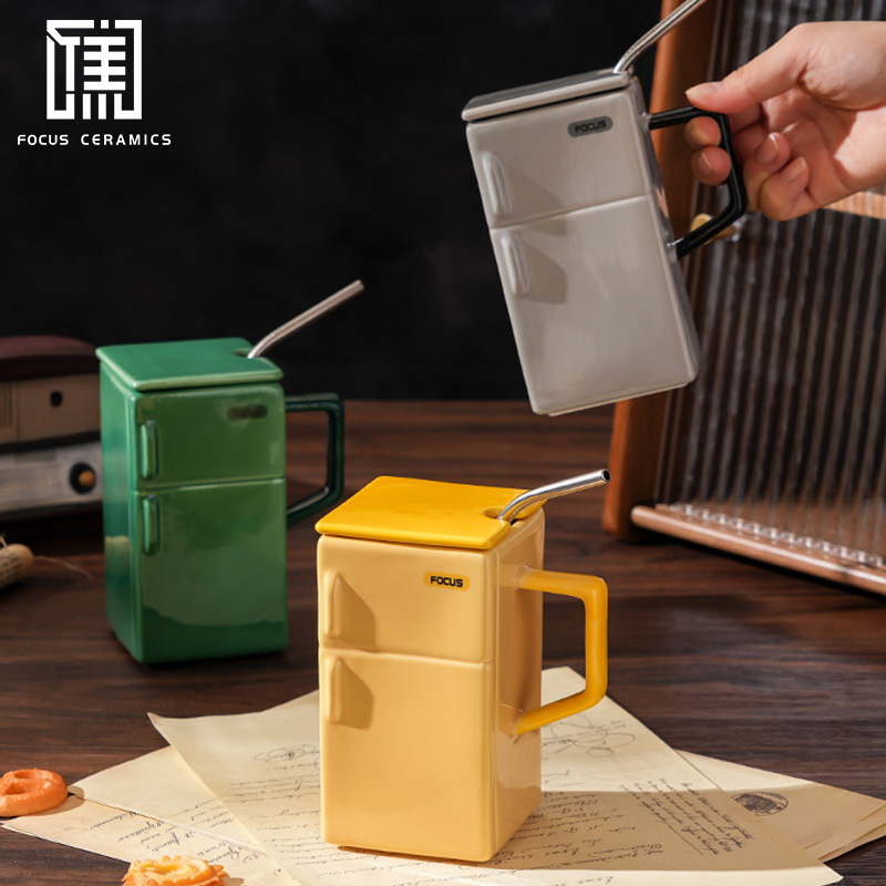 Creativo retro refrigerador con tapa pajita tazas de cerámica extravagante oficina pareja regalo taza de café