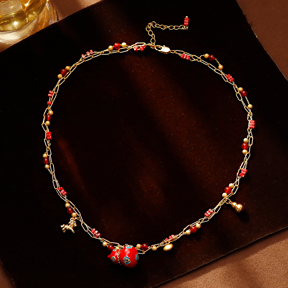 Hyacinth original design enamel drop glaze red gourd pendant necklace, Douyin hit ancient method sand gold inlay sweater chain details Picture