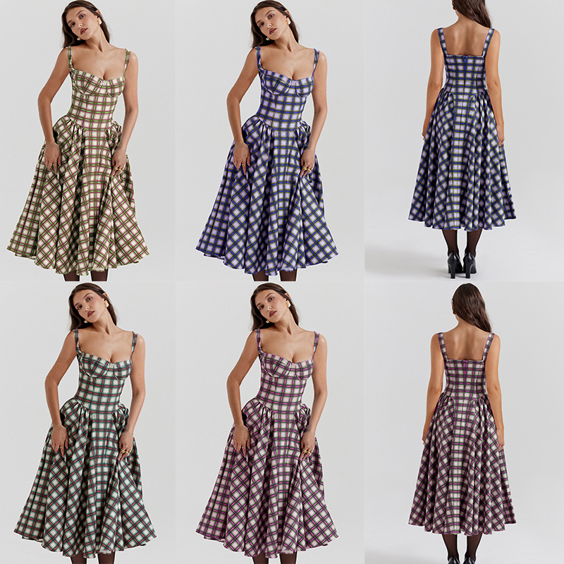 Summer Amazon dress: New French retro long dress, court style, dopamine outfit, halter dress for women Specification drawing