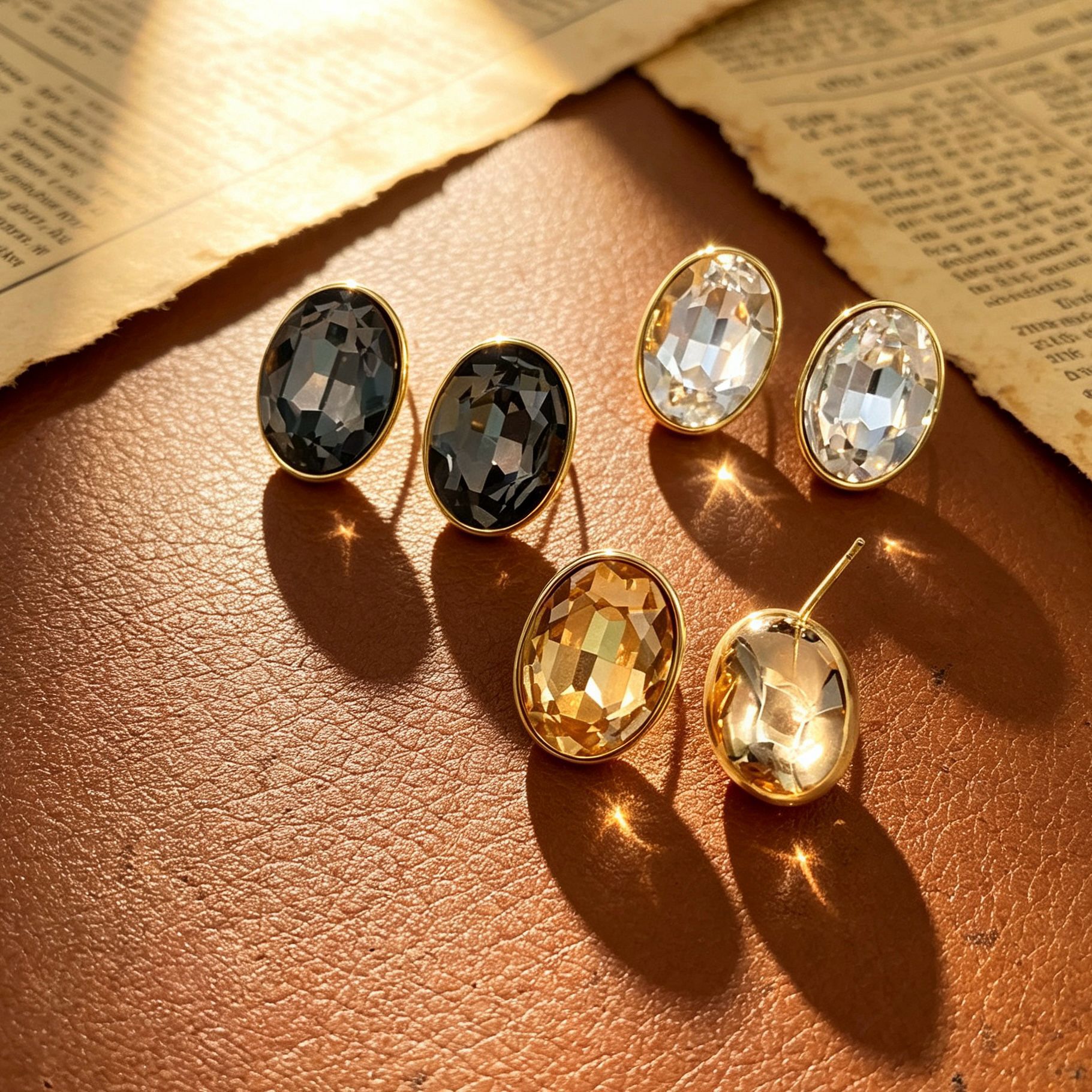 Wholesale of retro oval-cut large crystal ear studs, multi-color golden-edge water diamond ear rings, and versatile earrings with a light luxury atmosphere Specification image