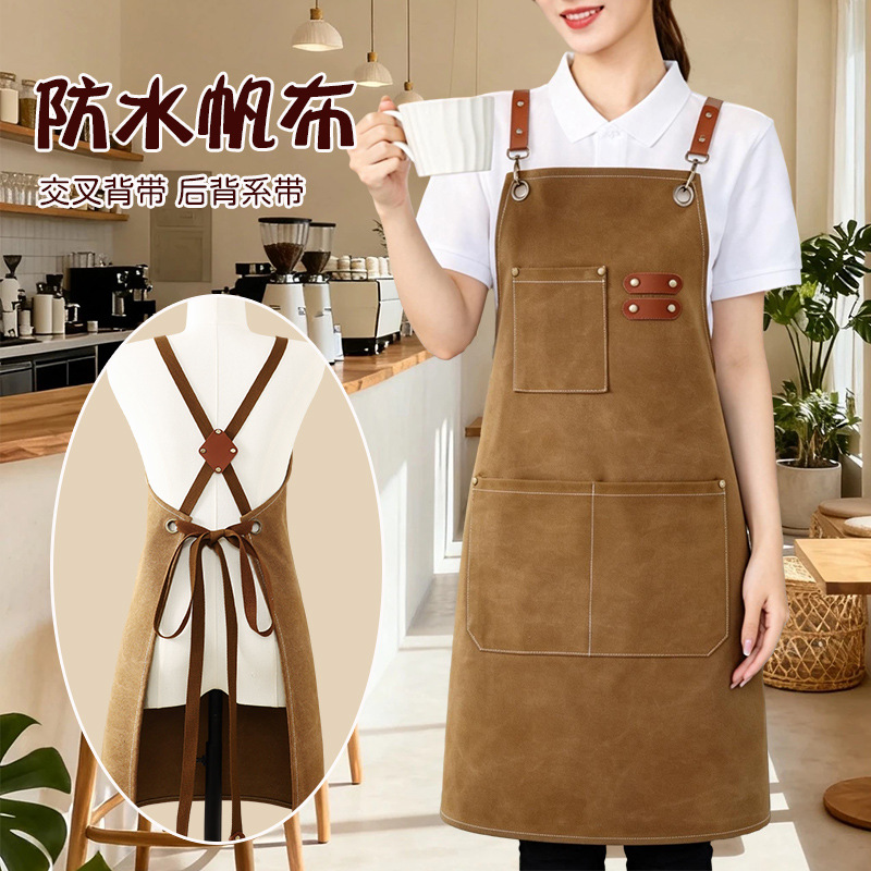 Customized cross-border canvas aprons, waterproof and oil-resistant, home kitchen wear-resistant work clothes, coffee shop denim aprons with printing details Picture