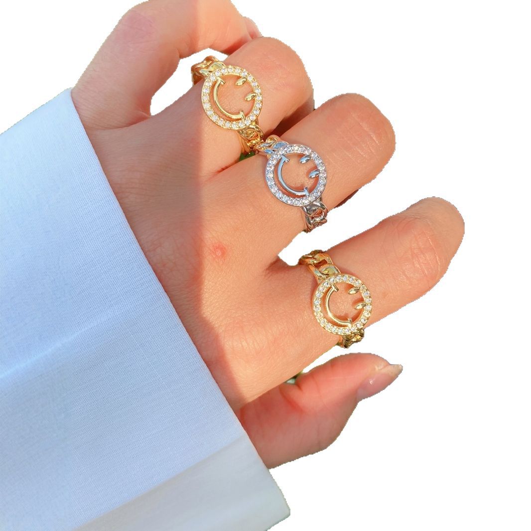 Micro-set zircon ring, cute smiling face ring, adjustable opening ring, 18K gold-plated expression smiling face ring Item Picture