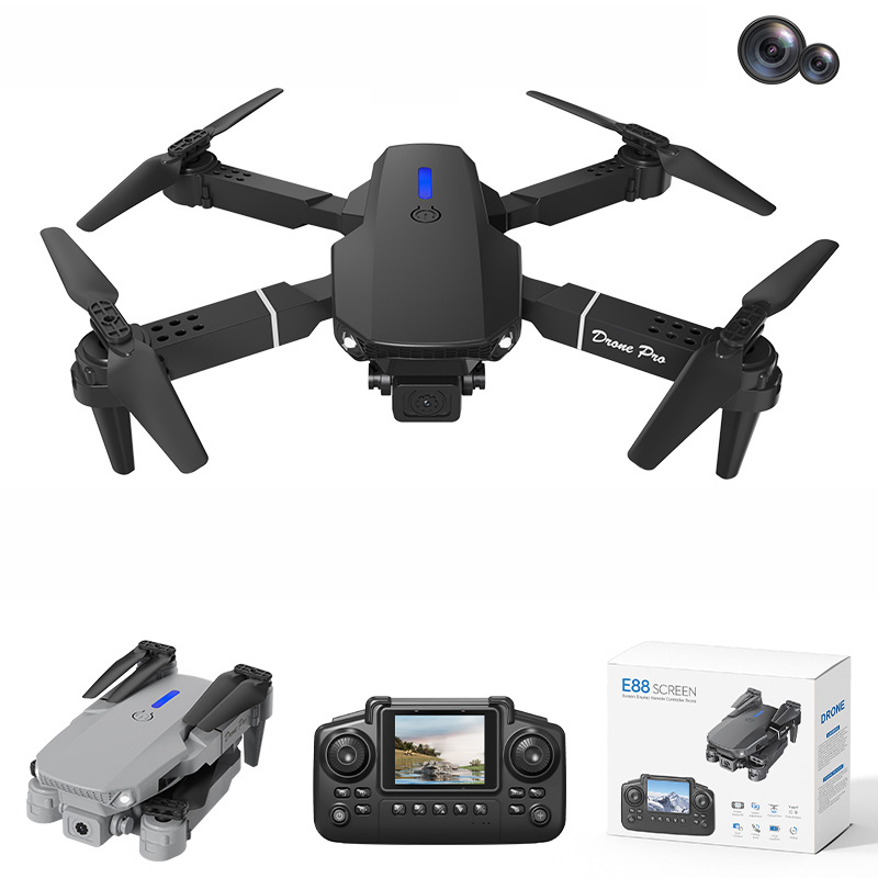 E88带屏控无人机航拍双摄像飞行器光流定位折叠遥控飞机外贸玩具白底实物图