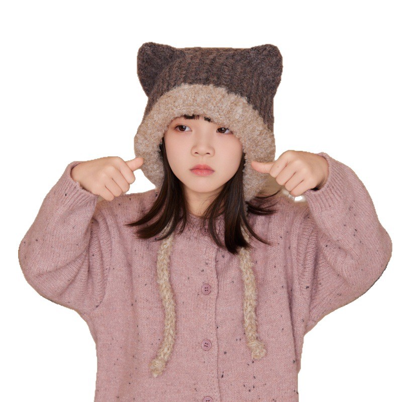 秋冬儿童护耳毛线帽时尚保暖猫耳朵女童可爱毛线帽针织帽韩版百搭白底实物图