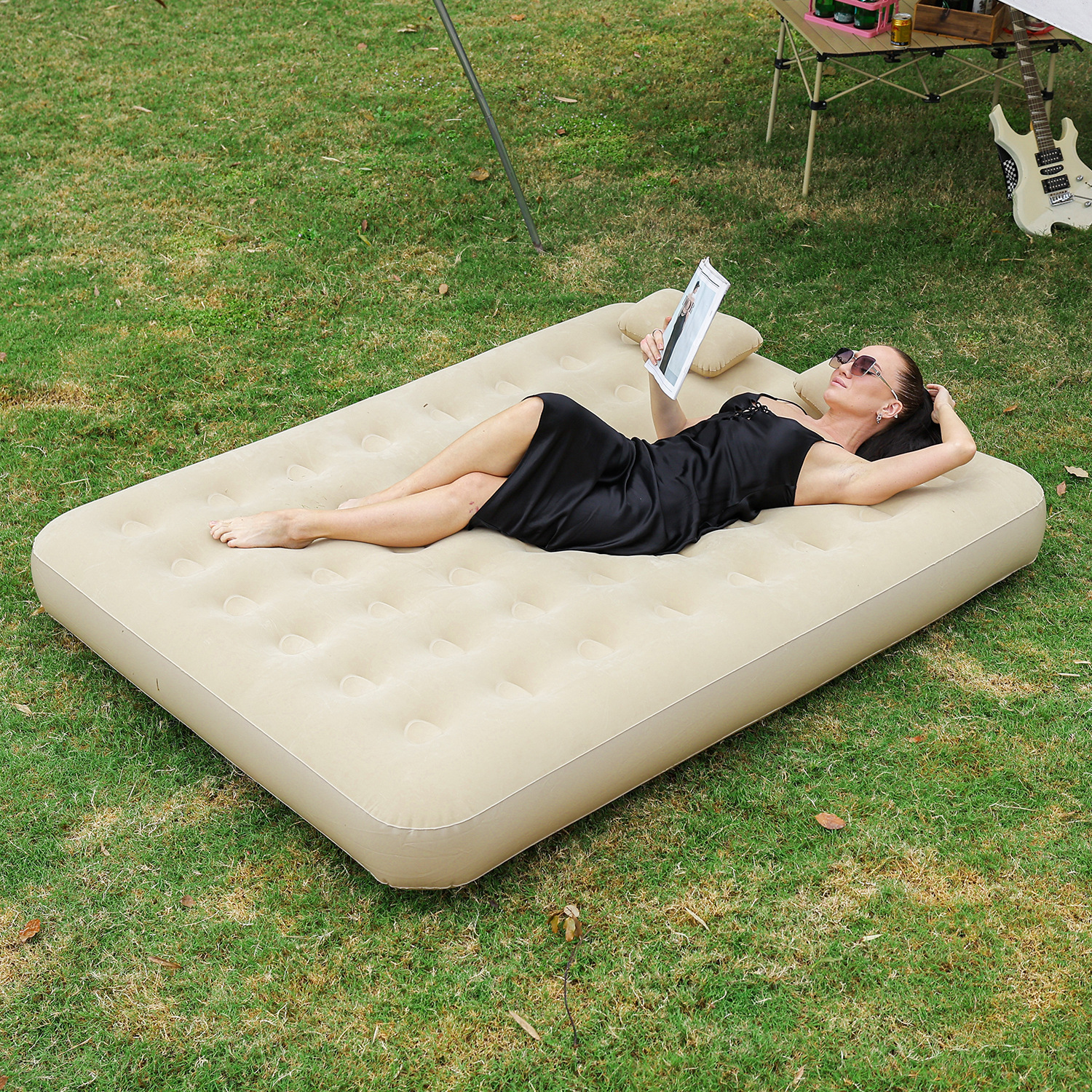Cross-border camping folding bed, inflatable built-in pump flocking bed, height-increasing and thickening automatic inflatable mattress, outdoor double chair, inflatable cushion, lazy person's outdoor inflatable bed Specification image