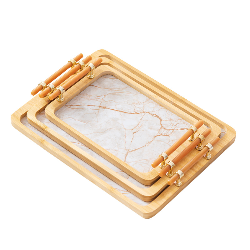 Wholesale of new bamboo and stone plastic bottom tea trays for home living room and kitchen, light luxury style tea set trays with handles Item Picture