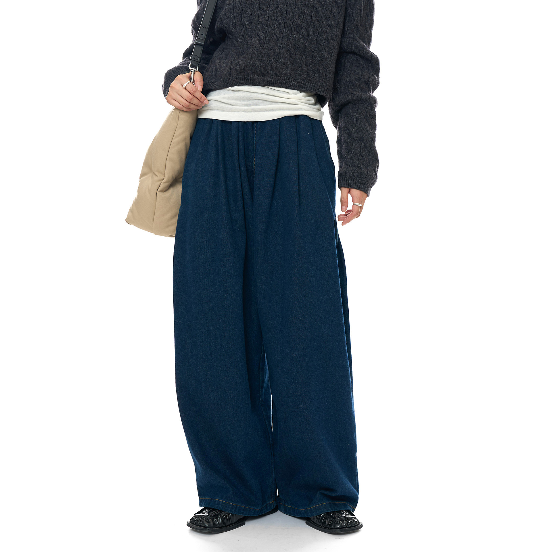 深蓝色高腰牛仔阔腿裤女复古格子花裤子古铜土色保暖裤秋冬款