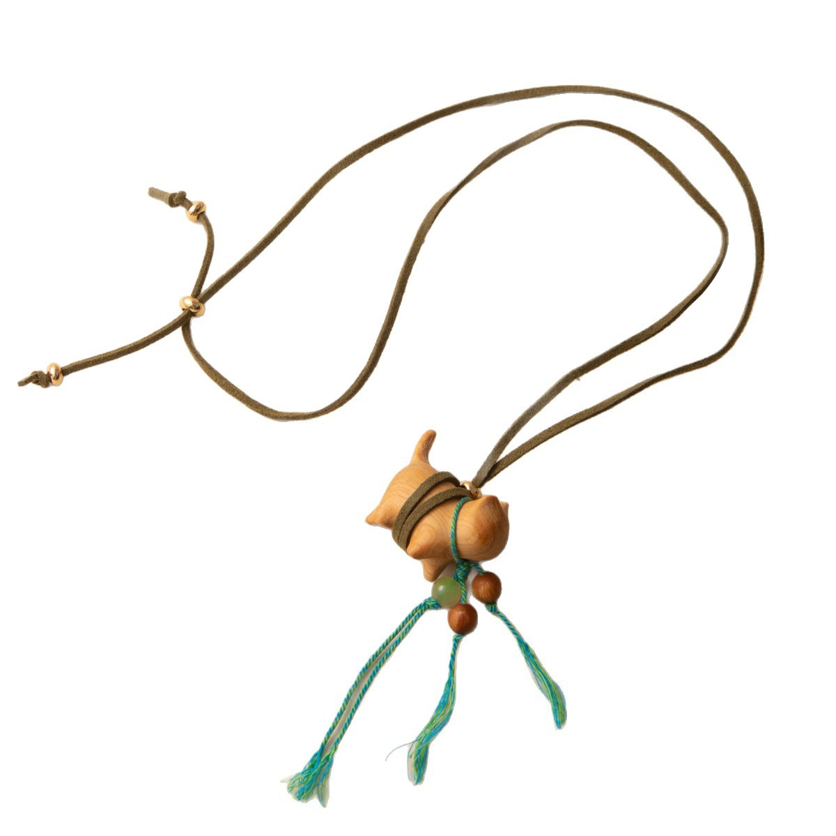 新中式森系檀木立体猫咪吊坠彩绳项链女民族风百搭可调节抽绳配饰白底实物图