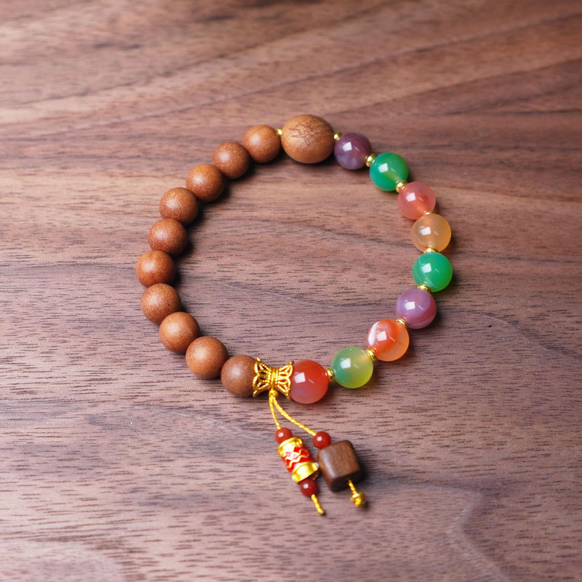 天然檀木手串复古甜美平安福吊坠玛瑙手链串珠男女款文玩佛珠饰品