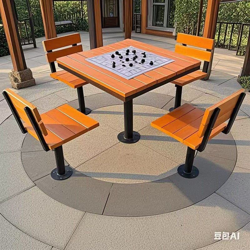 户外桌椅庭院阳台休息区公园老年班一桌多用组合象棋棋牌桌椅白底实物图