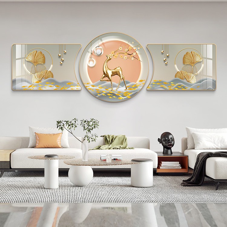 锦杏福禄轻奢客厅装饰画现代大气沙发背景墙挂画新款三联画寓意好细节图