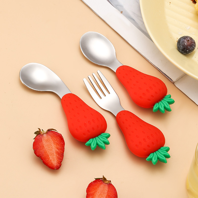 跨境儿童硅胶餐具婴儿练习勺宝宝学吃饭训练勺子叉子硅胶短柄餐具