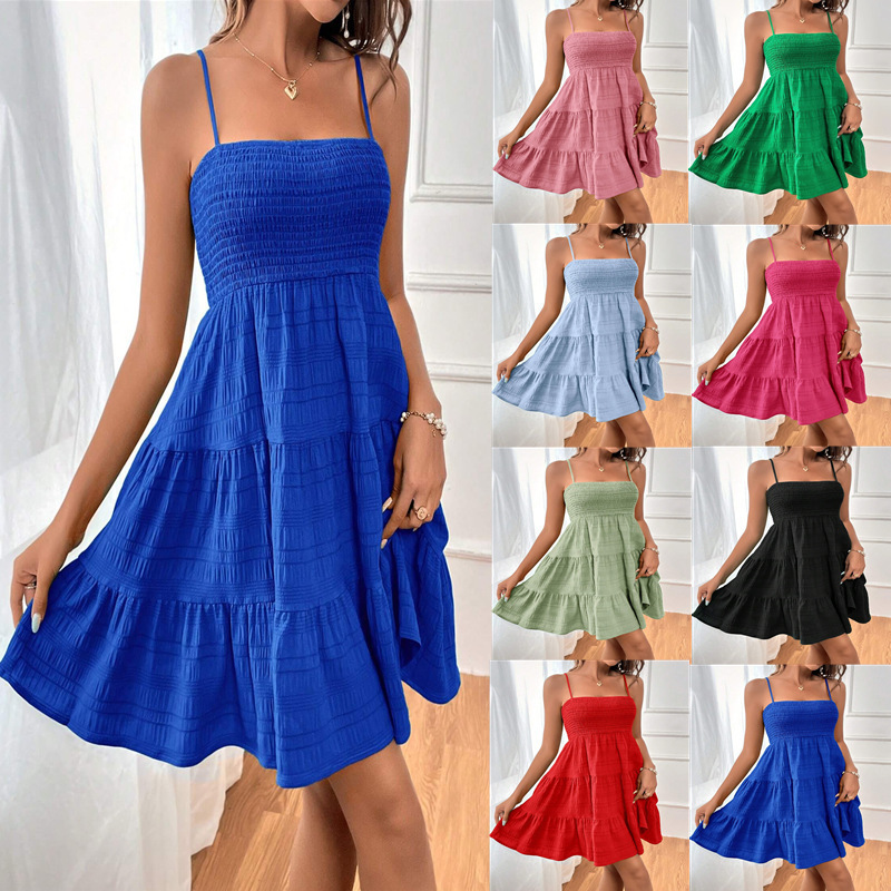 2026 Amazon Cross-border Women's Summer New one-neck fine halter solid color versatile textured dress full figure