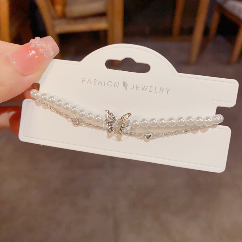 French light luxury gentle and versatile double-layer pearl chain butterfly bracelet, women's personalized light luxury design sense jewelry wholesale Specification image