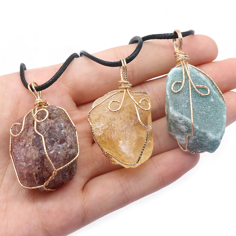 1414- Yellow crystal raw stone wire-wound pendant, pink and white amethyst fluorite, Dongling jade Irregular Stone necklace accessory Specification image