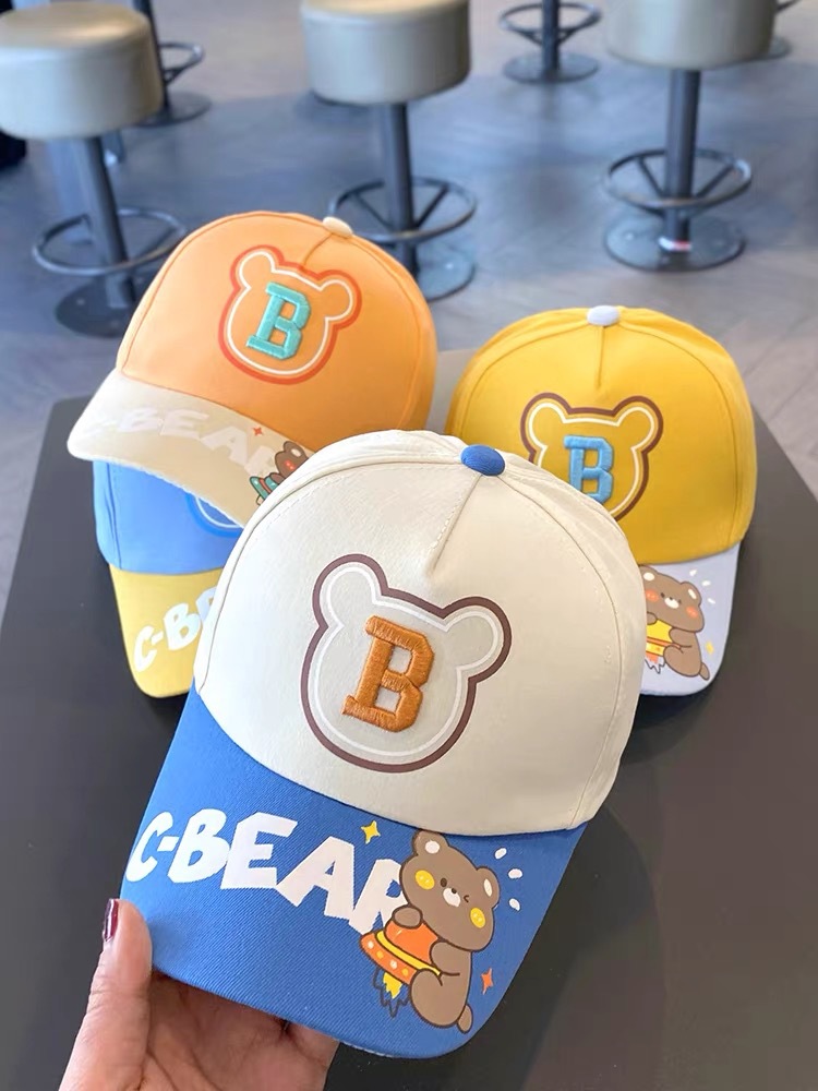 新款卡通拼色男孩棒球帽可爱字母小熊男女童鸭舌帽遮阳出游宝宝帽细节图