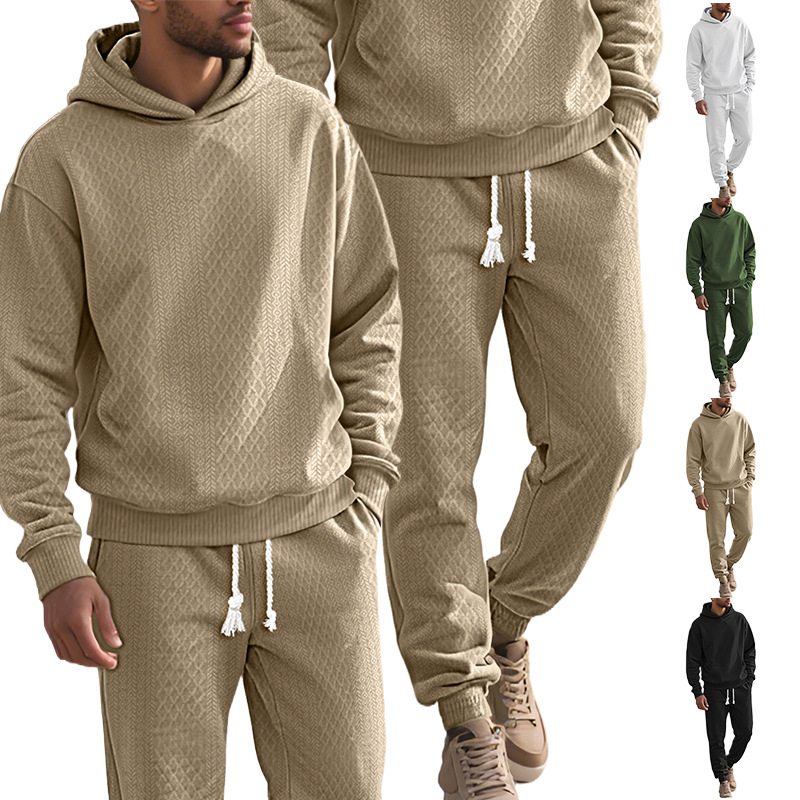 Cross-border TK European and American men's spring and autumn collection, loose, casual, sporty, long-sleeved and long-pants, large-sized jacquard hooded sweatshirt set details Picture