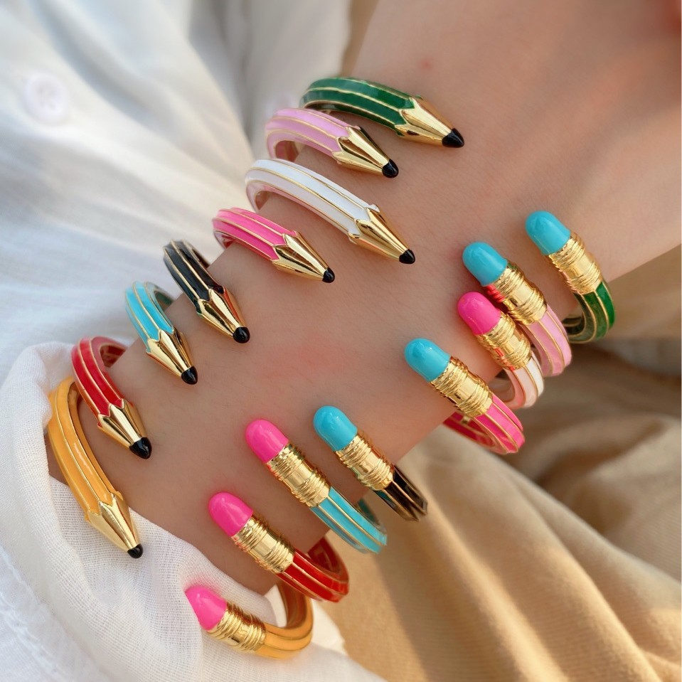 Cross-border new product pencil eraser ring bracelet set, personalized, creative and fashionable style, with a patchwork enamel color opening details Picture