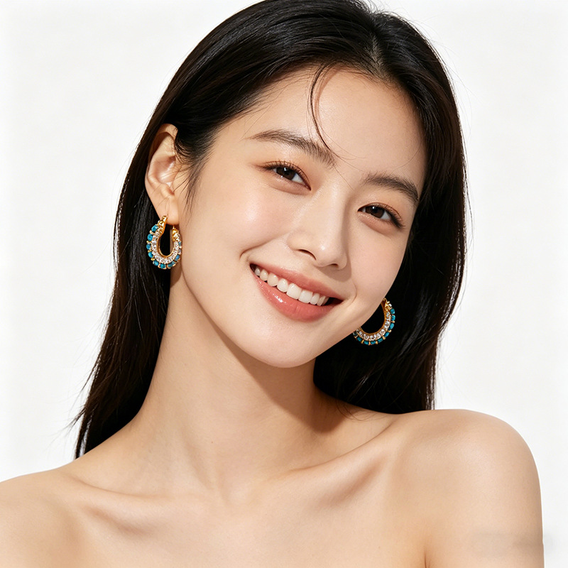 Light luxury retro imitation turquoise sparkling diamond earrings for women 2026 new style High-end earrings, unique and beautiful earrings Specification image