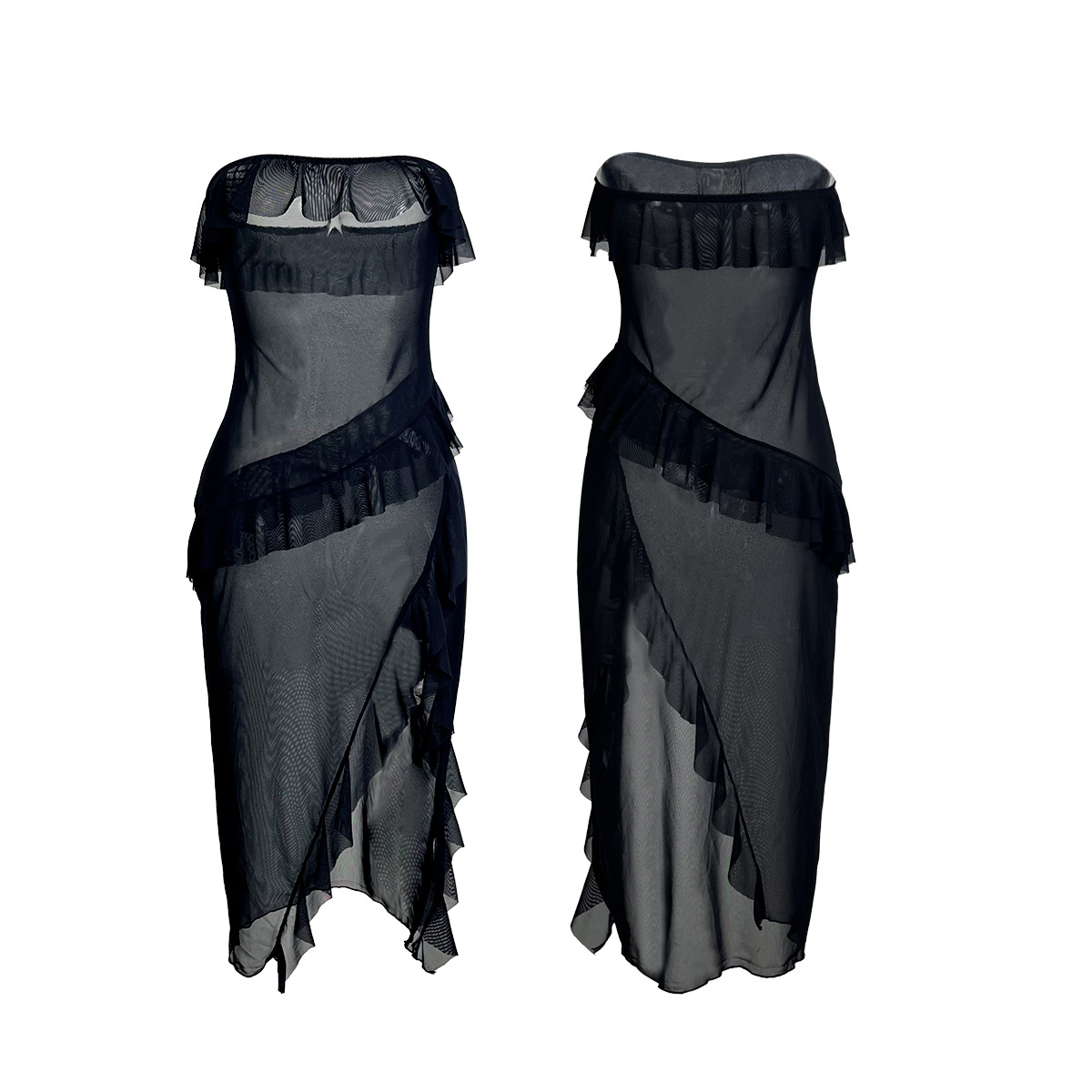 New trendy style tulle halter dress in solid color, one-shoulder, rolled-up, see-through, slanted slit, seductive and sexy sleeping dress 692 Item Picture