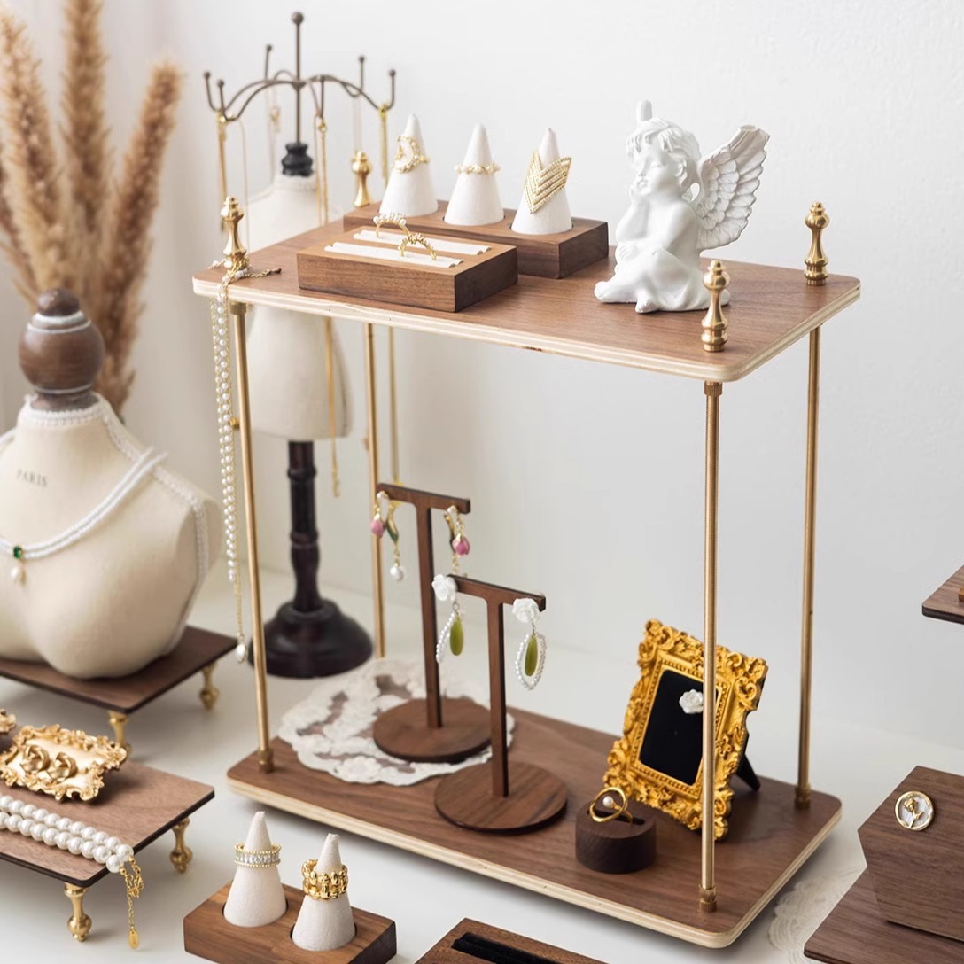 铁木首饰架双层客厅卧室展示架防尘稳固省空间金色复古饰品收纳架