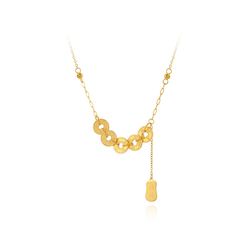 Xuping stainless steel imitation gold copper coin tassel Fu character pendant necklace for women, retro new Chinese style collarbone chain for women Item Picture