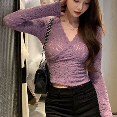 御姐轻熟风V领交叉蕾丝衫女秋冬季性感内搭打底衫收腰修身T恤上衣产品图