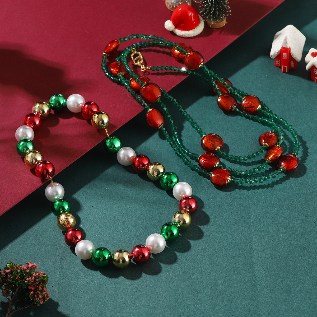 复古重工叠戴圣诞节撞色珍珠水晶串珠项链宫廷中古优雅高级感项饰