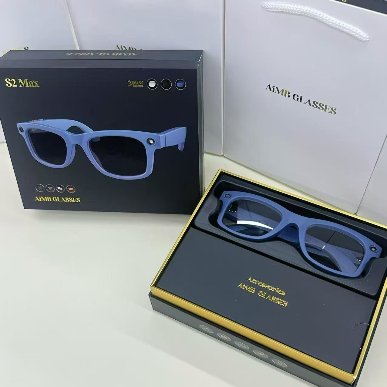 Cross-border AIMB-S2 Max smart glasses, WIFI transmission, Bluetooth calls, listening to music, taking photos and videos, Ai translation Application Scenario
