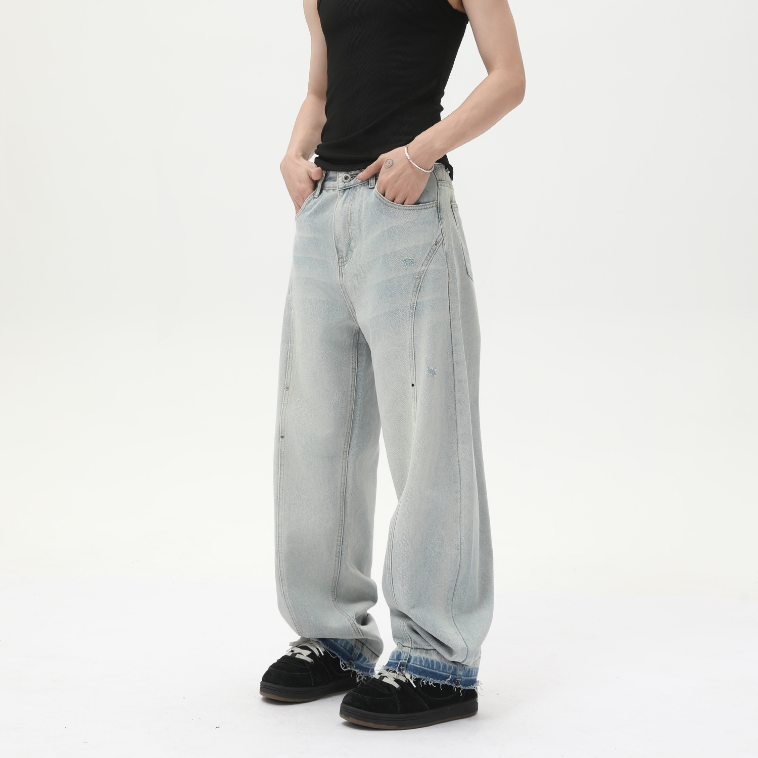 MTLCLOTHES男装| 小众设计感浅色阔腿牛仔裤宽松显瘦直筒弯刀裤潮