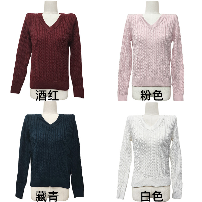 Dalang Sweater Factory wholesals elegant and ladylike grey V-neck long-sleeved braided pullover 100% cotton knitted sweaters for autumn and winter Specification image