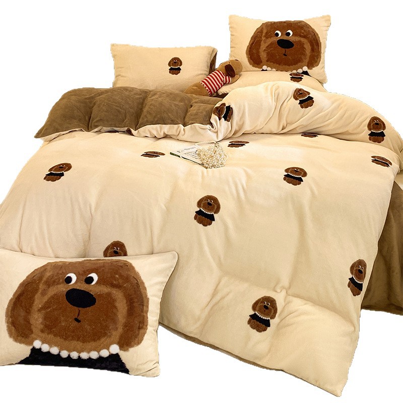Autumn and winter A-class ins cartoon-style Kokk reprinted milk fleece three-piece, four-piece and single quilt cover bedding Item Picture