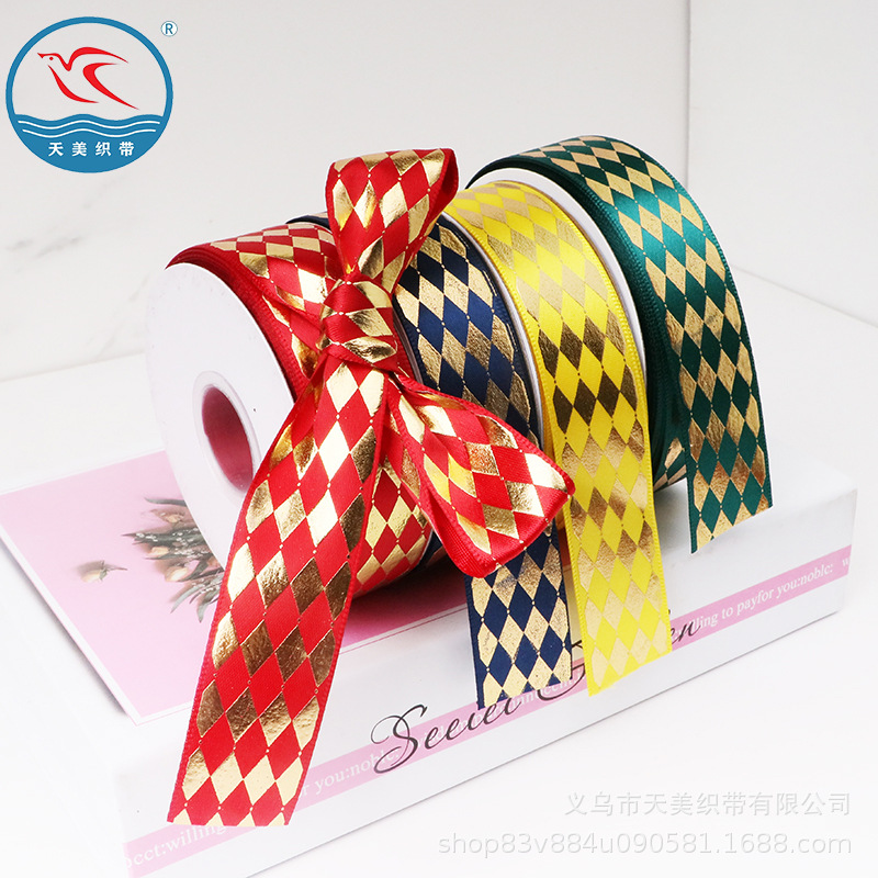 New 2.5CM gold-embossed diamond-shaped ribbon, high-end gift packaging color ribbon, polyester ribbon wholesale, threaded tape, DIY accessories details Picture