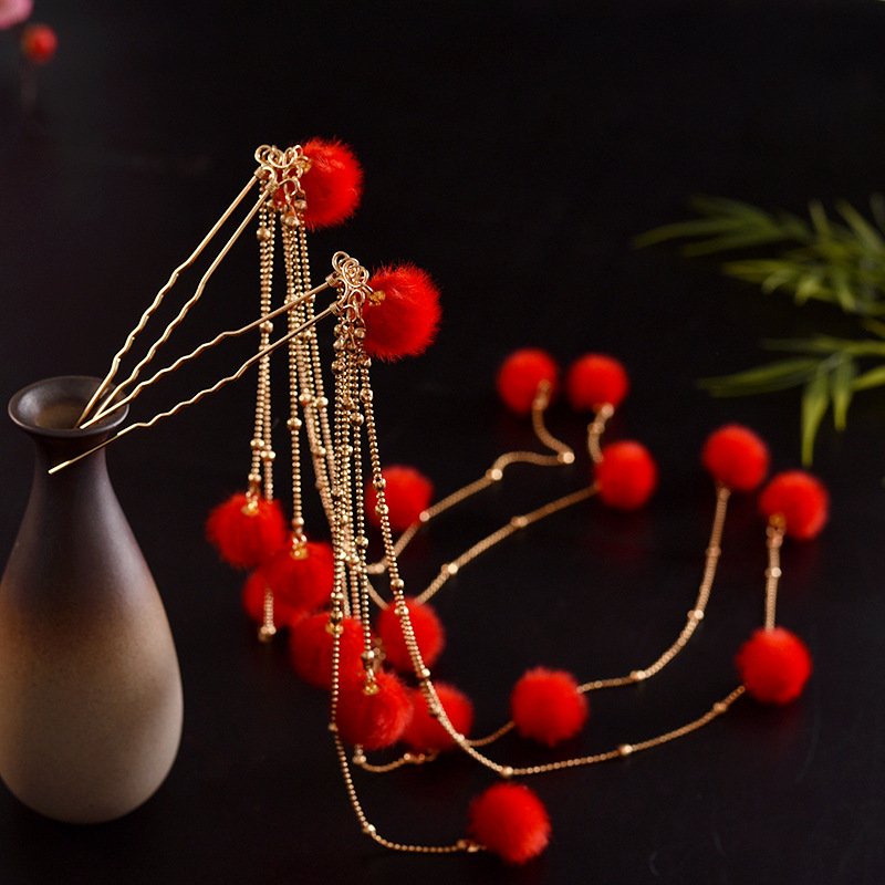 古风原创汉服秋冬毛球发饰少女百搭可爱长流苏珍珠发簪