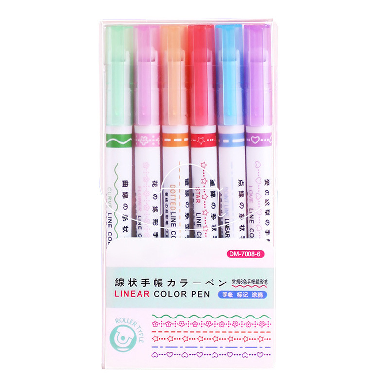 Wholesale of 6-color box-shaped contour pens, curve pens, school supplies, planner pens, marking pens, and double-headed highlighters Item Picture