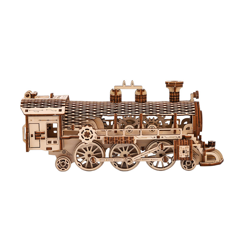跨境新品木质3D立体拼图蒸汽火车头男女孩益智玩具桌面摆件礼物白底实物图