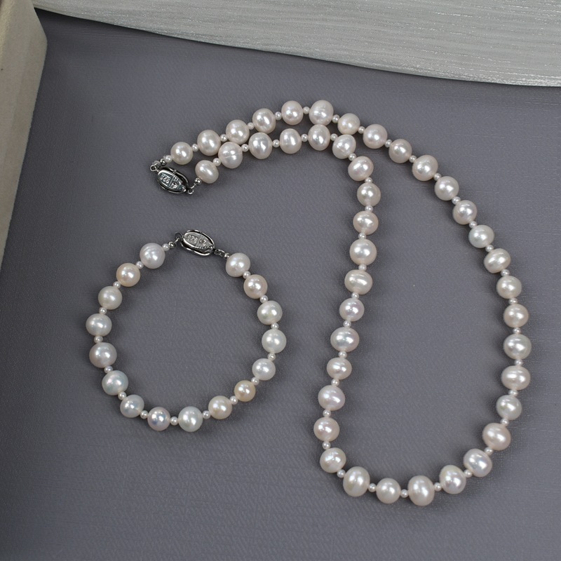 天然淡水珍珠近圆项链妈妈链优雅简约珍珠颈链圆珠手链套装批发
