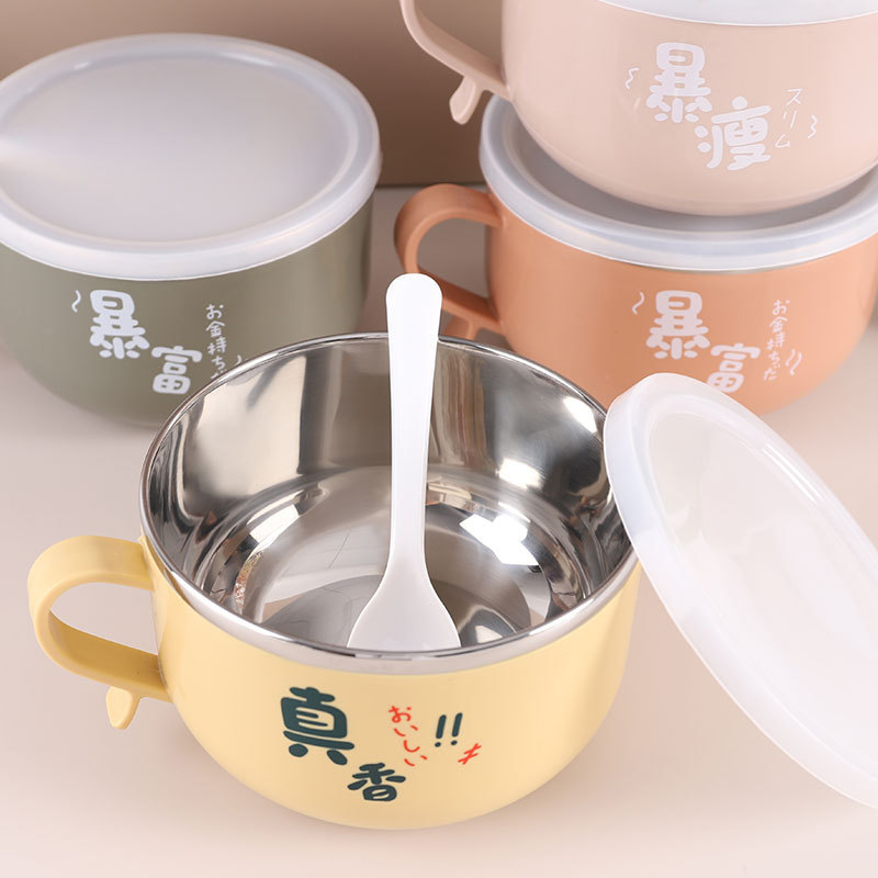 304 stainless steel instant noodle bowl, student dormitory lunch box, heat-insulating, water-draining, with lid, ins Japanese-style rice bowl instant noodle wonder Application Scenario