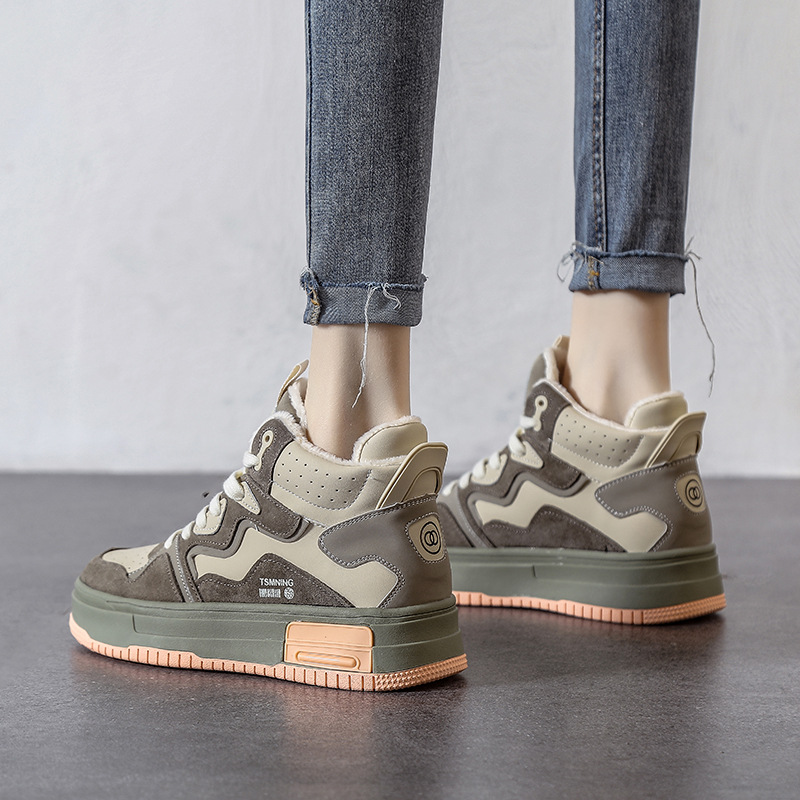 真皮高帮鞋女秋冬厚底拼色板鞋2025新款加绒休闲ins风运动鞋子女